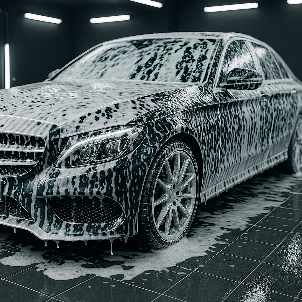 Car covered in thick snow-foam during wash